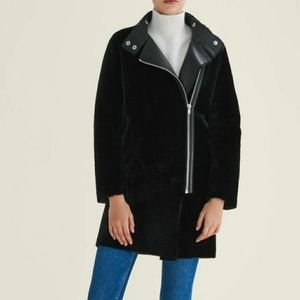 Maje coat, NWT, Black, Leather/Cotton Fur, size L